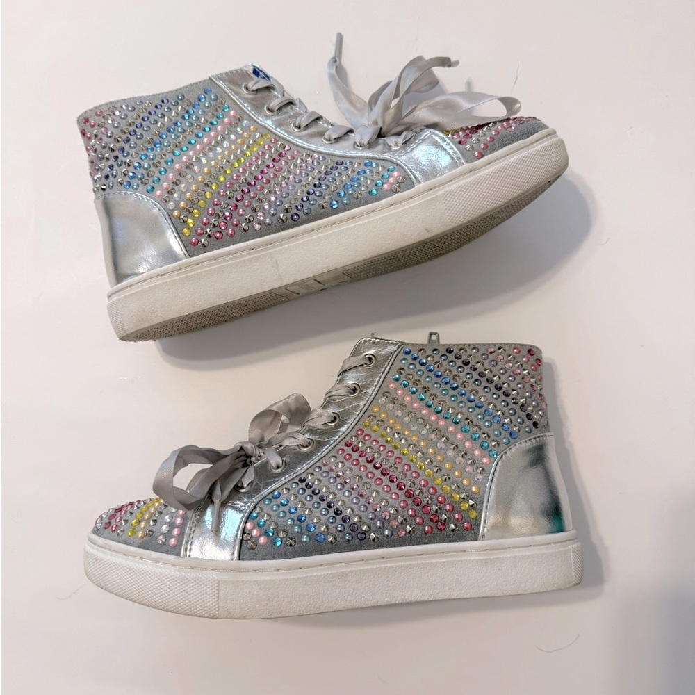 Steve Madden Silver High-Top Sneakers with Multicolor Rhinestones